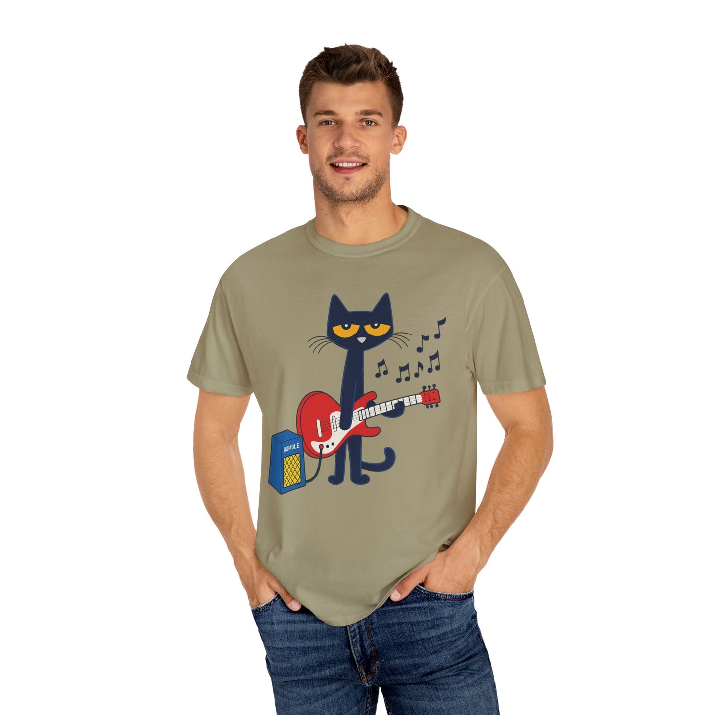 Meow & Roll T-Shirt – Cartoon Cat Playing Guitar