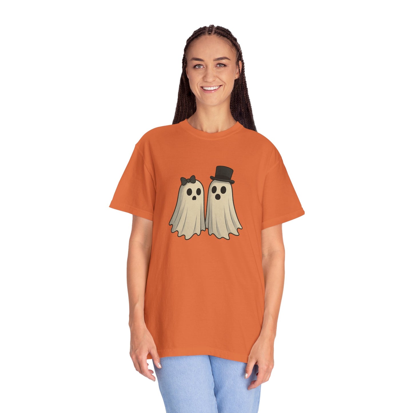 Spooky Ghost Couple Halloween T-Shirt – Cute His & Hers Matching Ghosts Tee with Bow & Top Hat