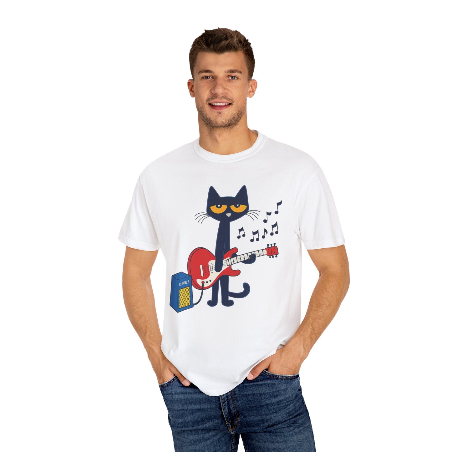 Meow & Roll T-Shirt – Cartoon Cat Playing Guitar