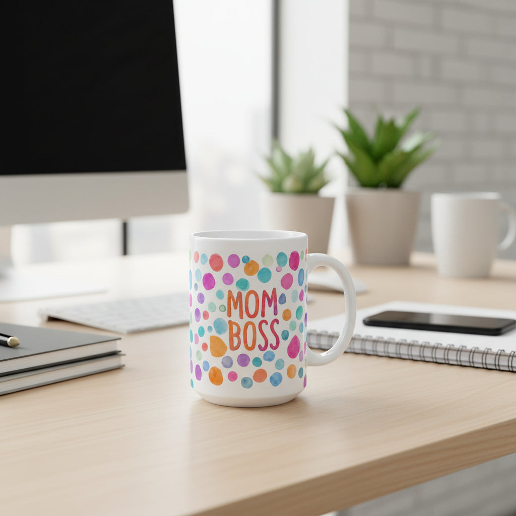 Mom Boss Polka Dot Ceramic Mug — Colorful Watercolor Dots Coffee Cup (11oz & 15oz)