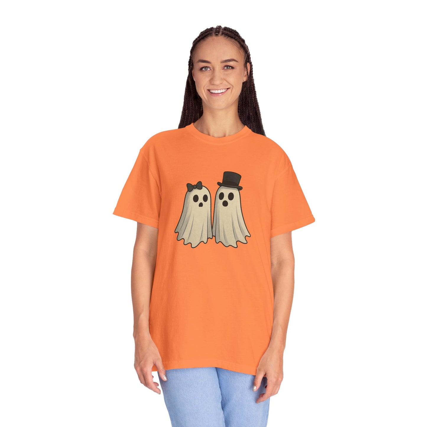 Spooky Ghost Couple Halloween T-Shirt – Cute His & Hers Matching Ghosts Tee with Bow & Top Hat