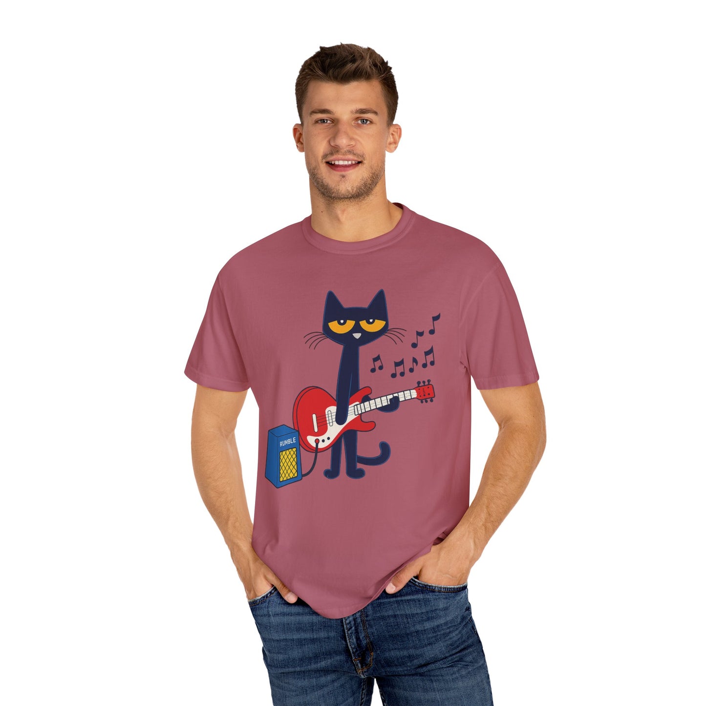 Meow & Roll T-Shirt – Cartoon Cat Playing Guitar