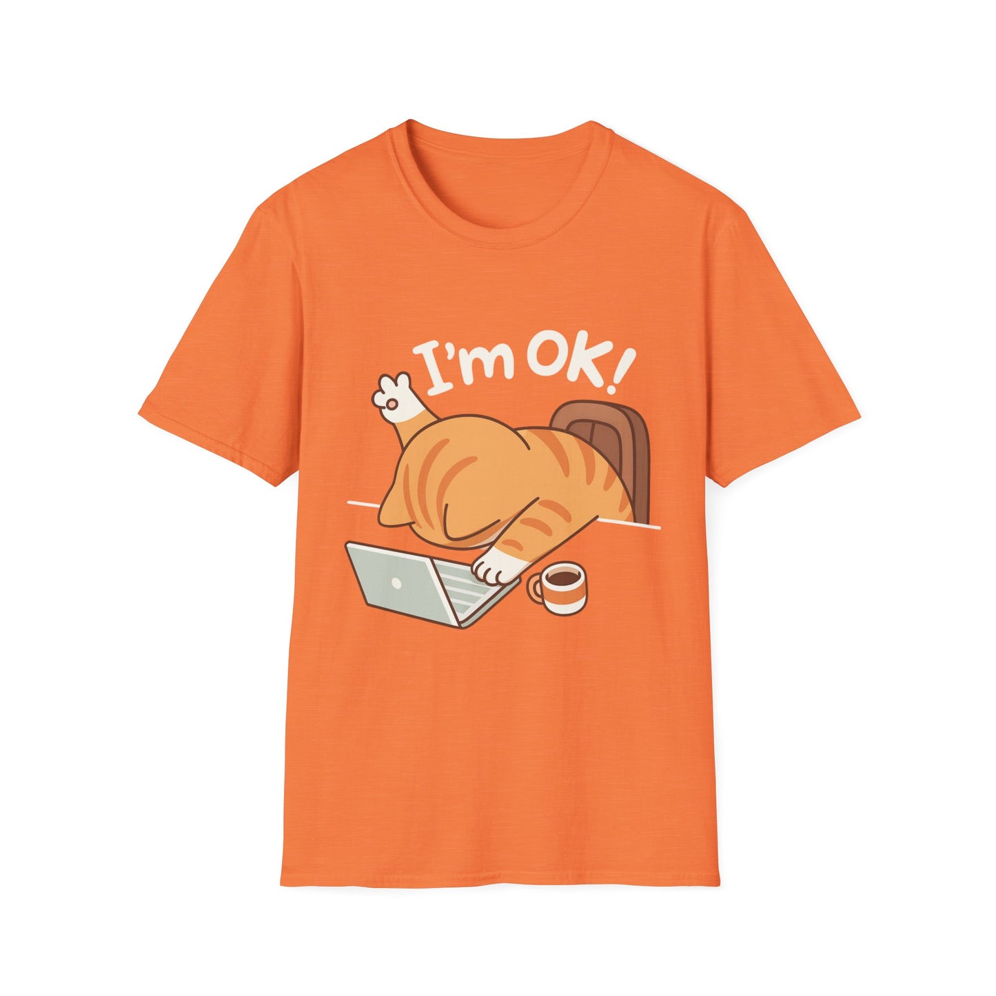 Funny Cat T-Shirt – "I'm OK" Cute Lazy Cat Graphic Tee, Work from Home Meme Shirt, Unisex Humor Shirt