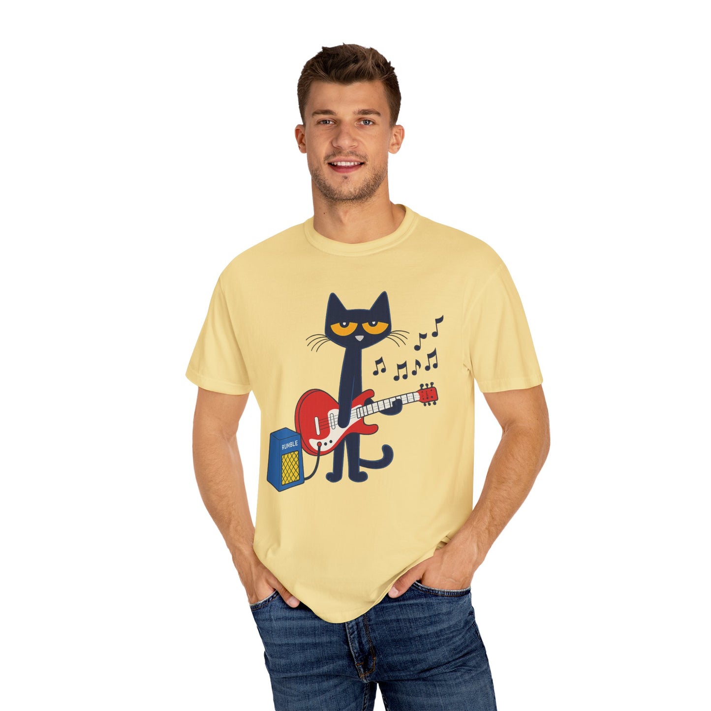 Meow & Roll T-Shirt – Cartoon Cat Playing Guitar
