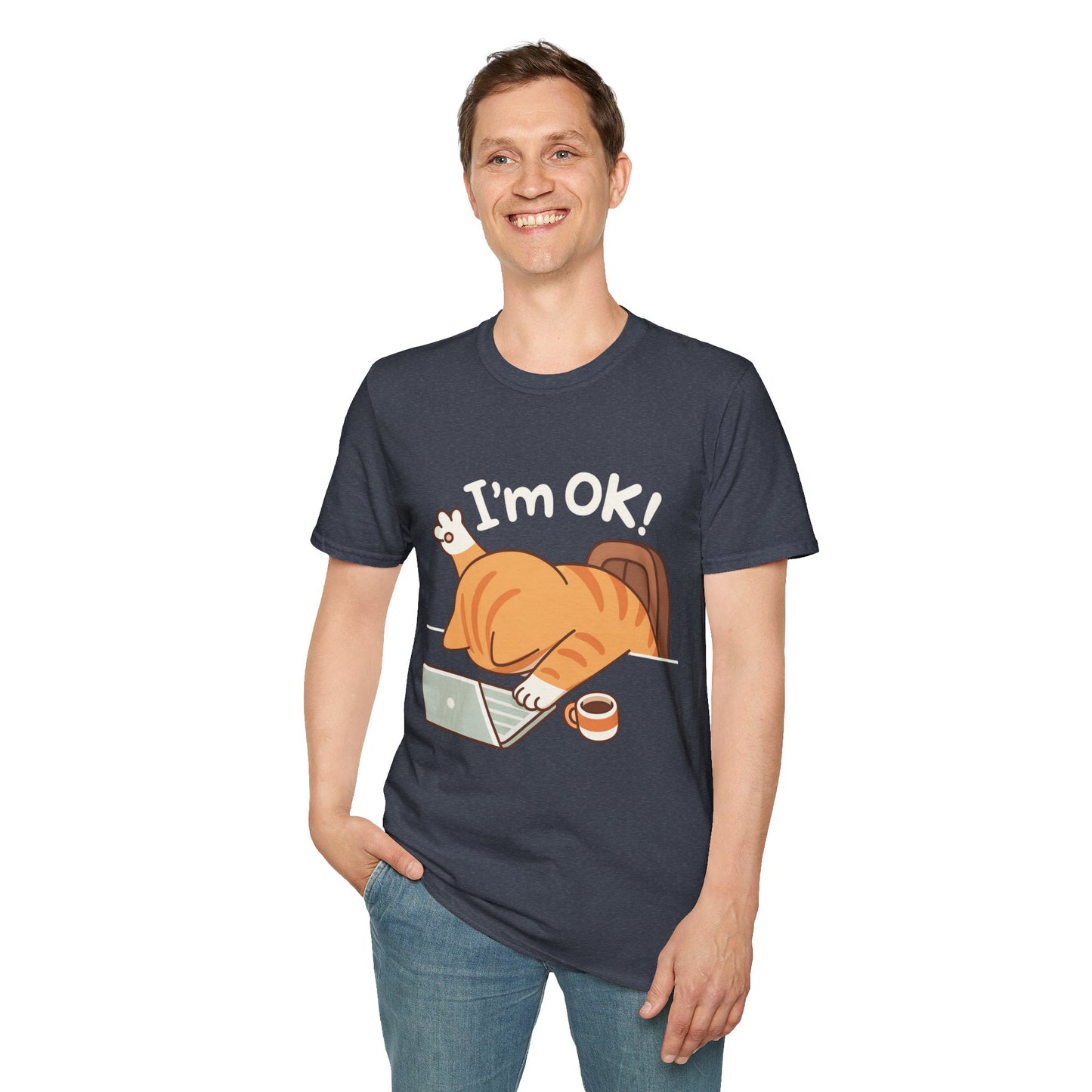 Funny Cat T-Shirt – "I'm OK" Cute Lazy Cat Graphic Tee, Work from Home Meme Shirt, Unisex Humor Shirt
