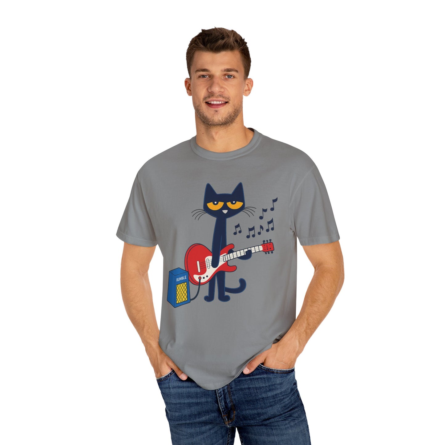 Meow & Roll T-Shirt – Cartoon Cat Playing Guitar
