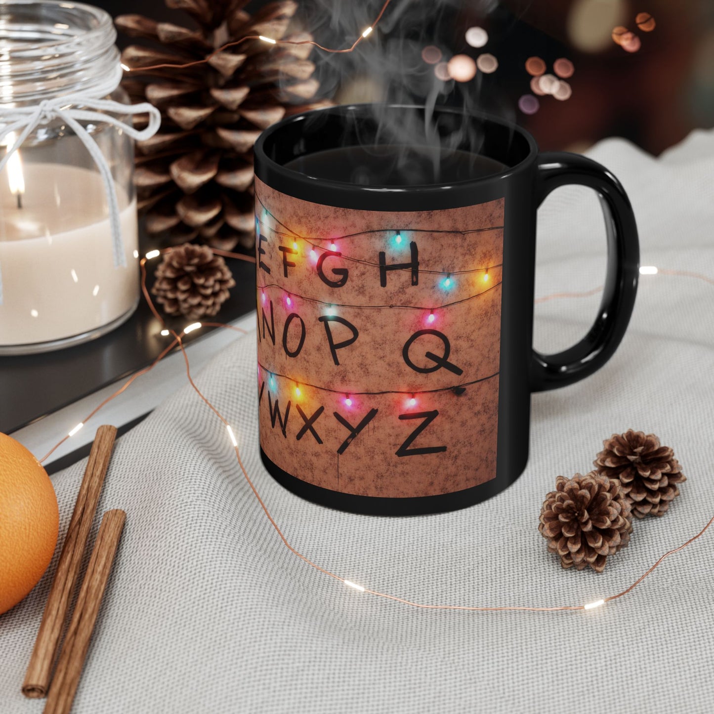 Stranger Things Inspired Alphabet Wall Mug | Retro 80s Sci-Fi Fan Art Coffee Cup | Hawkins Style Alphabet Lights Mug