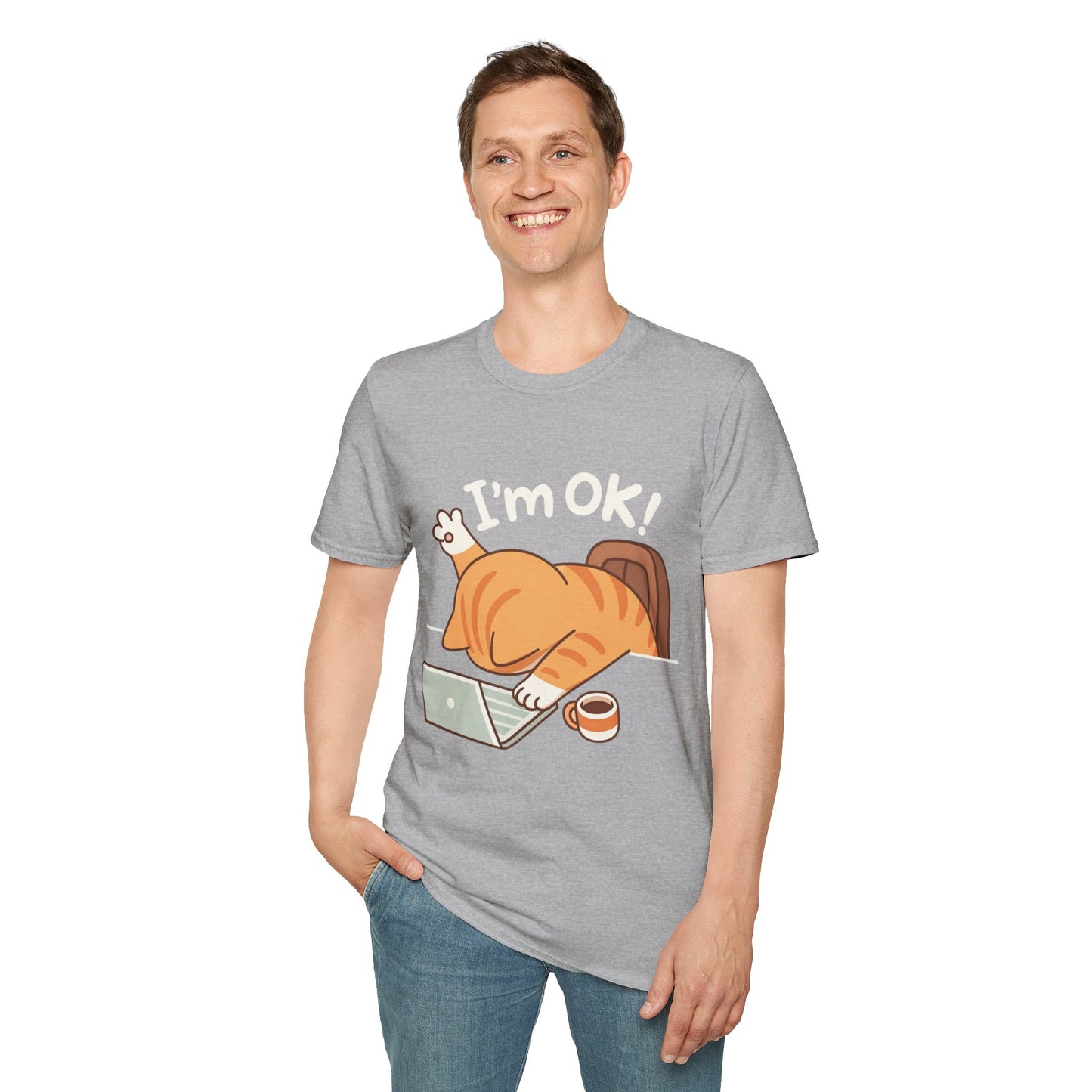 Funny Cat T-Shirt – "I'm OK" Cute Lazy Cat Graphic Tee, Work from Home Meme Shirt, Unisex Humor Shirt