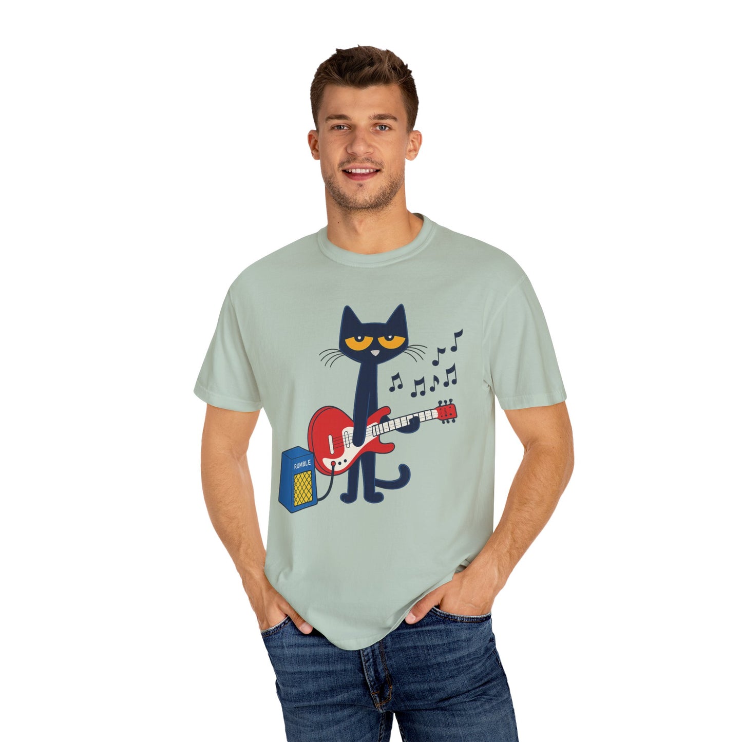 Meow & Roll T-Shirt – Cartoon Cat Playing Guitar