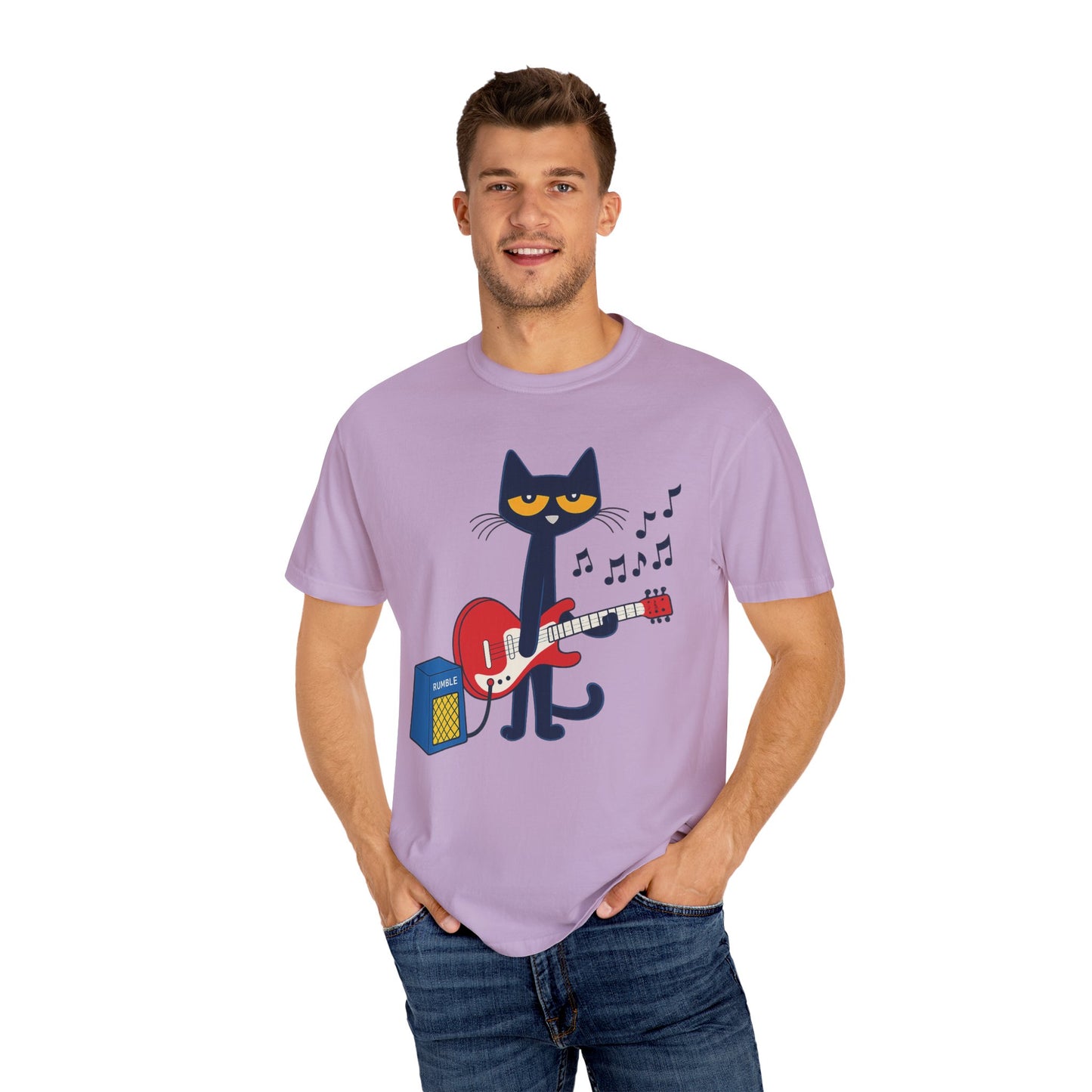 Meow & Roll T-Shirt – Cartoon Cat Playing Guitar