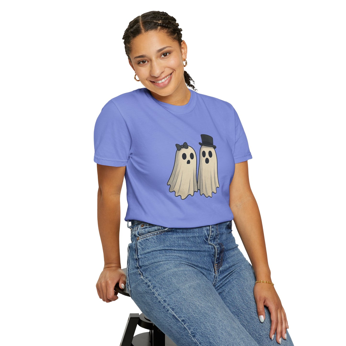 Spooky Ghost Couple Halloween T-Shirt – Cute His & Hers Matching Ghosts Tee with Bow & Top Hat