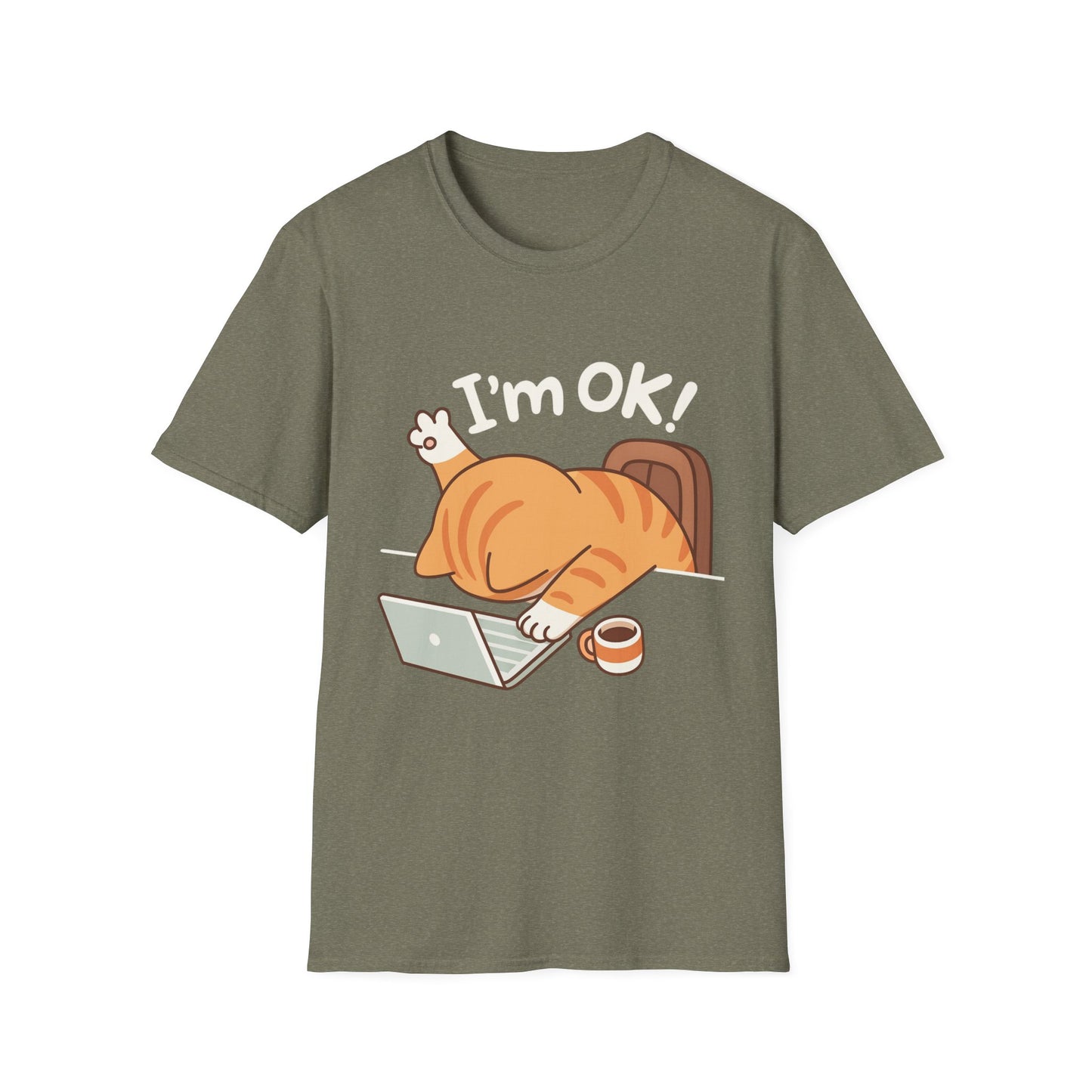 Funny Cat T-Shirt – "I'm OK" Cute Lazy Cat Graphic Tee, Work from Home Meme Shirt, Unisex Humor Shirt