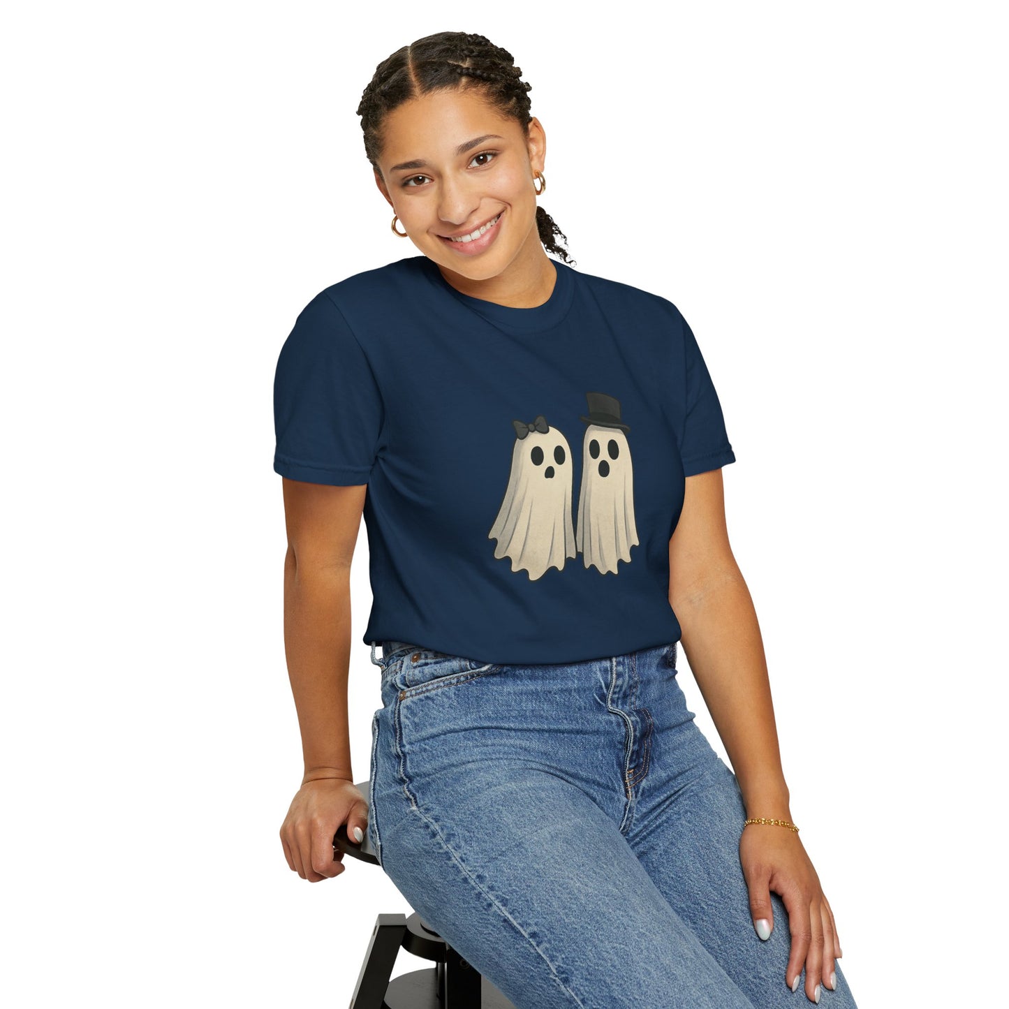Spooky Ghost Couple Halloween T-Shirt – Cute His & Hers Matching Ghosts Tee with Bow & Top Hat
