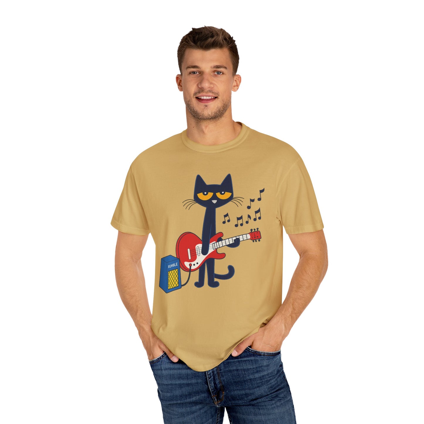 Meow & Roll T-Shirt – Cartoon Cat Playing Guitar