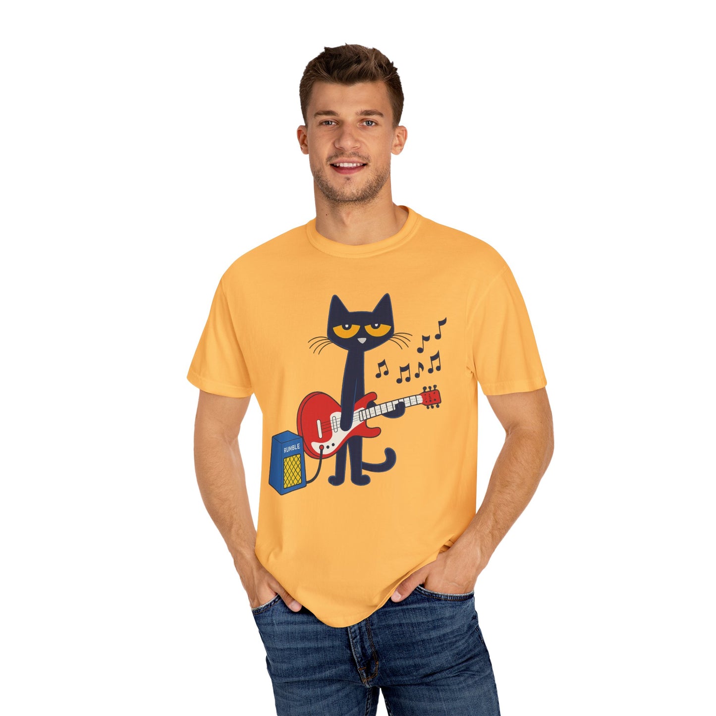 Meow & Roll T-Shirt – Cartoon Cat Playing Guitar