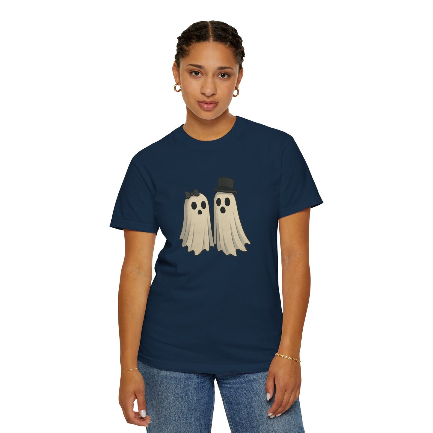 Spooky Ghost Couple Halloween T-Shirt – Cute His & Hers Matching Ghosts Tee with Bow & Top Hat