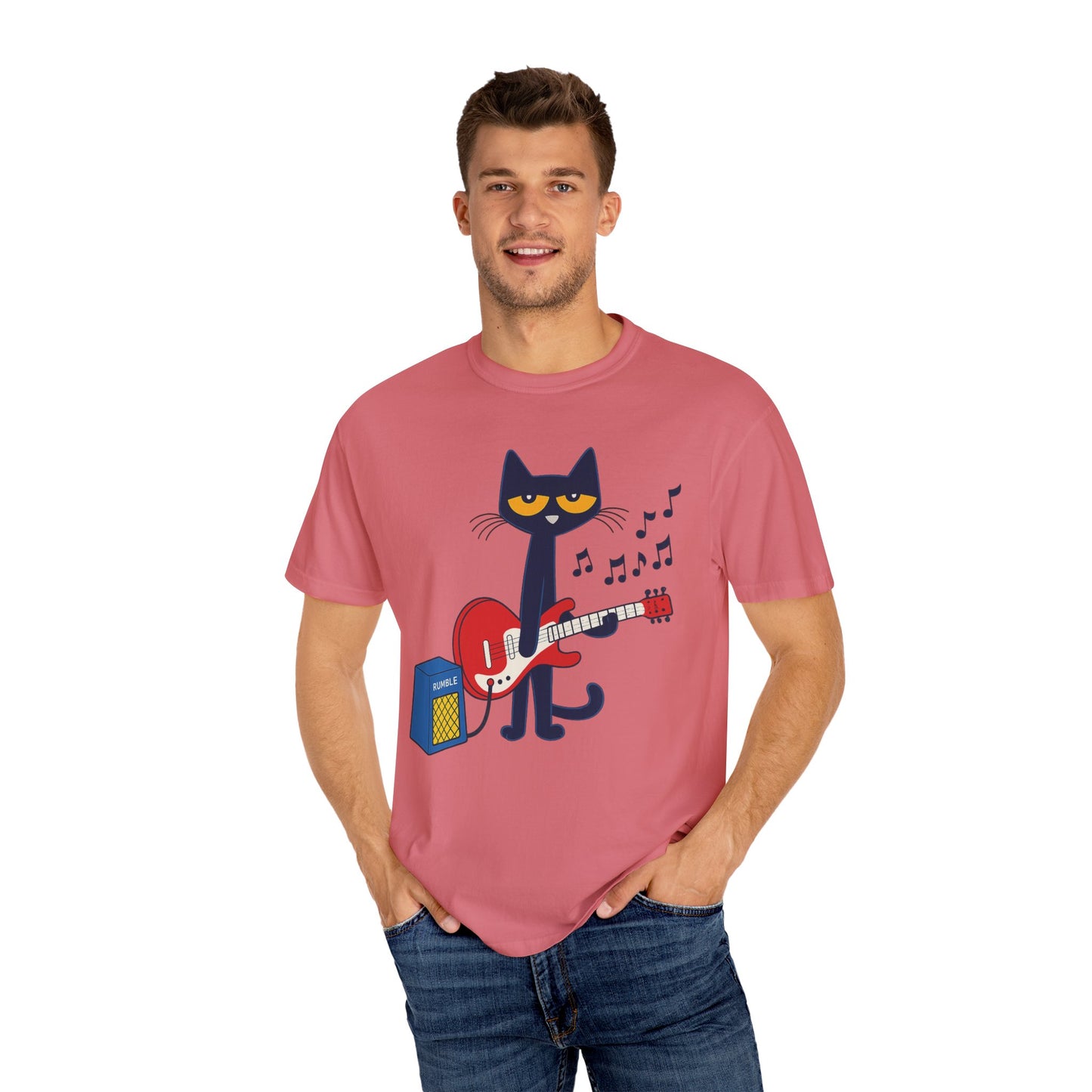 Meow & Roll T-Shirt – Cartoon Cat Playing Guitar