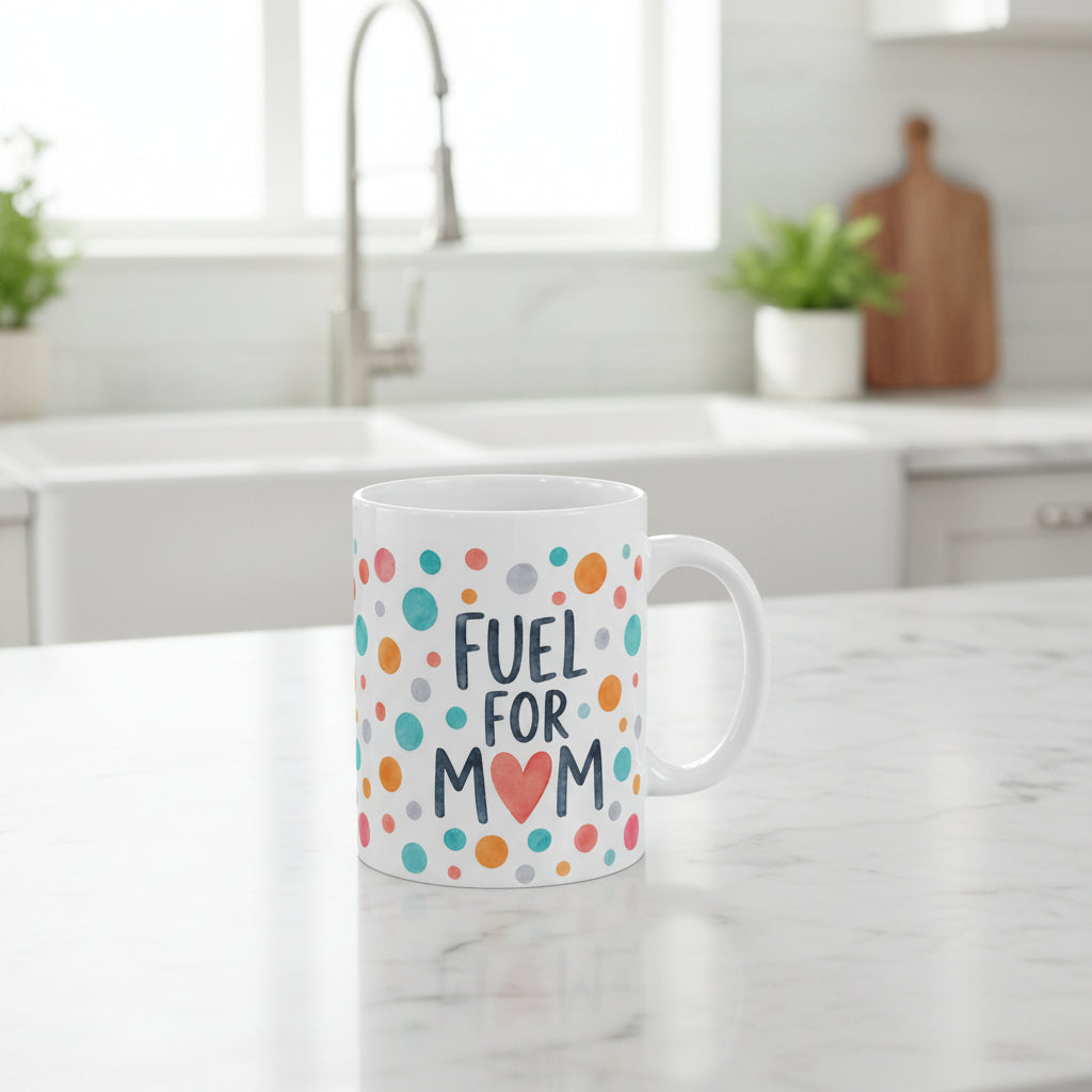 Fuel For Mom Ceramic Coffee Mug — Colorful Polka Dot 11oz & 15oz Mother’s Day Gift