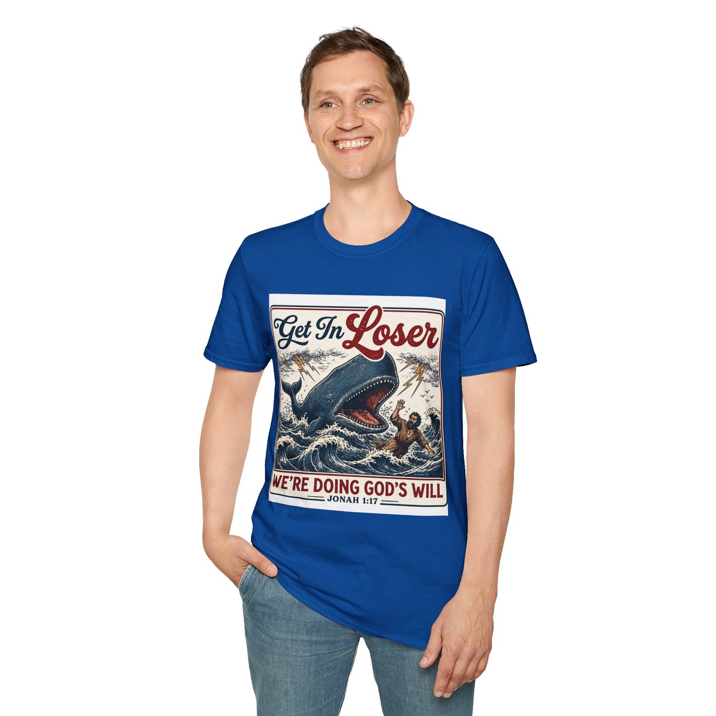 T-Shirt — "Get In Loser" Jonah 1:17 Whale Vintage Christian Graphic Tee