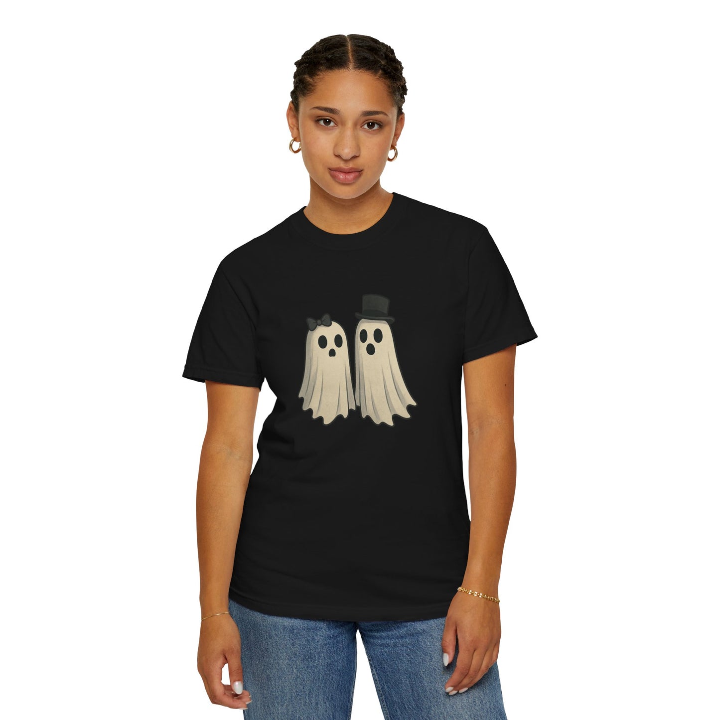 Spooky Ghost Couple Halloween T-Shirt – Cute His & Hers Matching Ghosts Tee with Bow & Top Hat