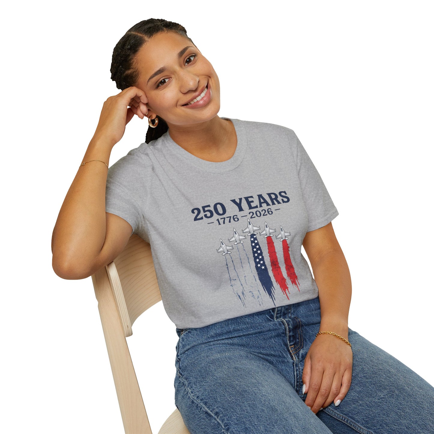 250 Years 1776–2026 Patriotic T-Shirt — USA Flag Jet Trails Independence Anniversary