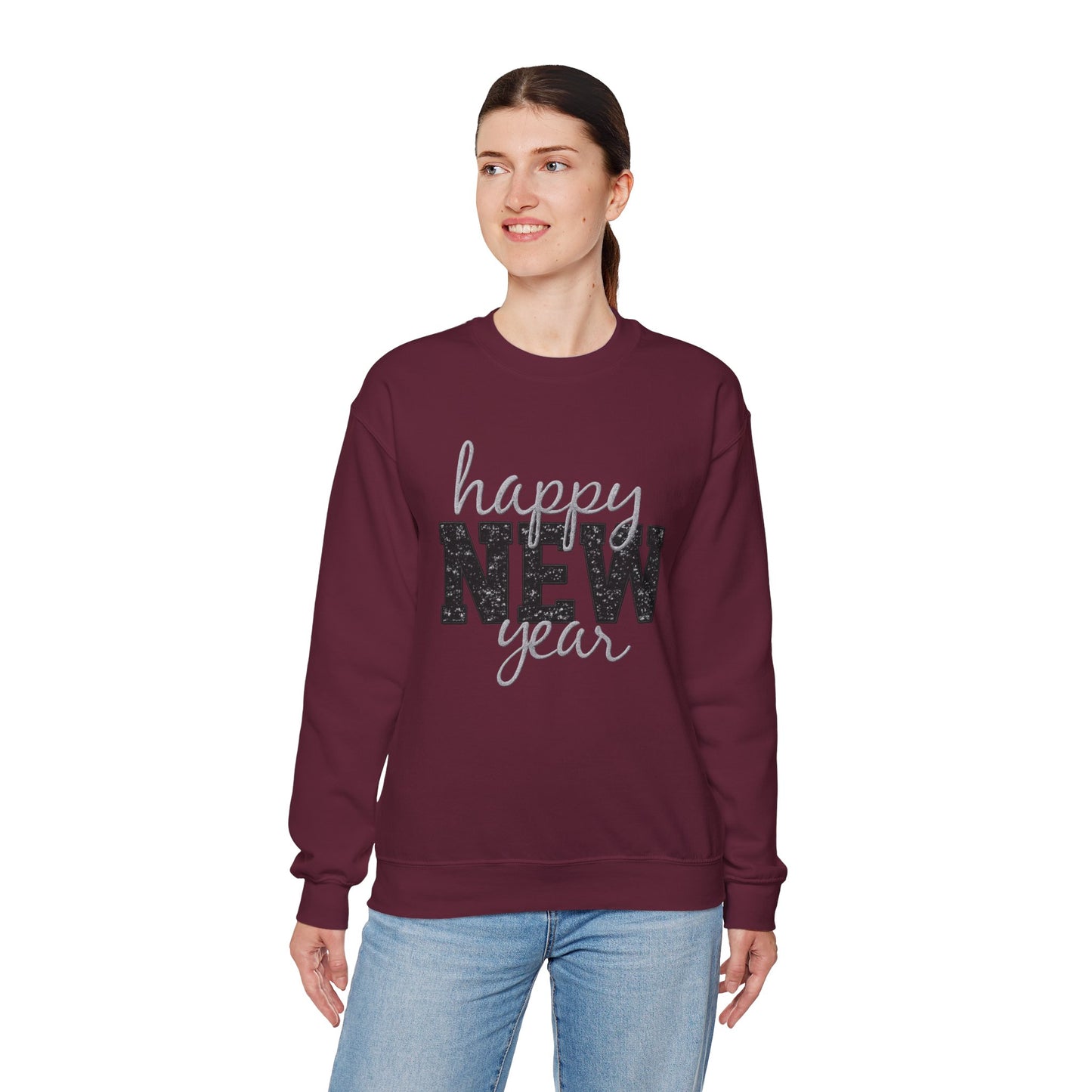 Happy New Year Crewneck Sweatshirt | Festive Glitter Graphic Pullover