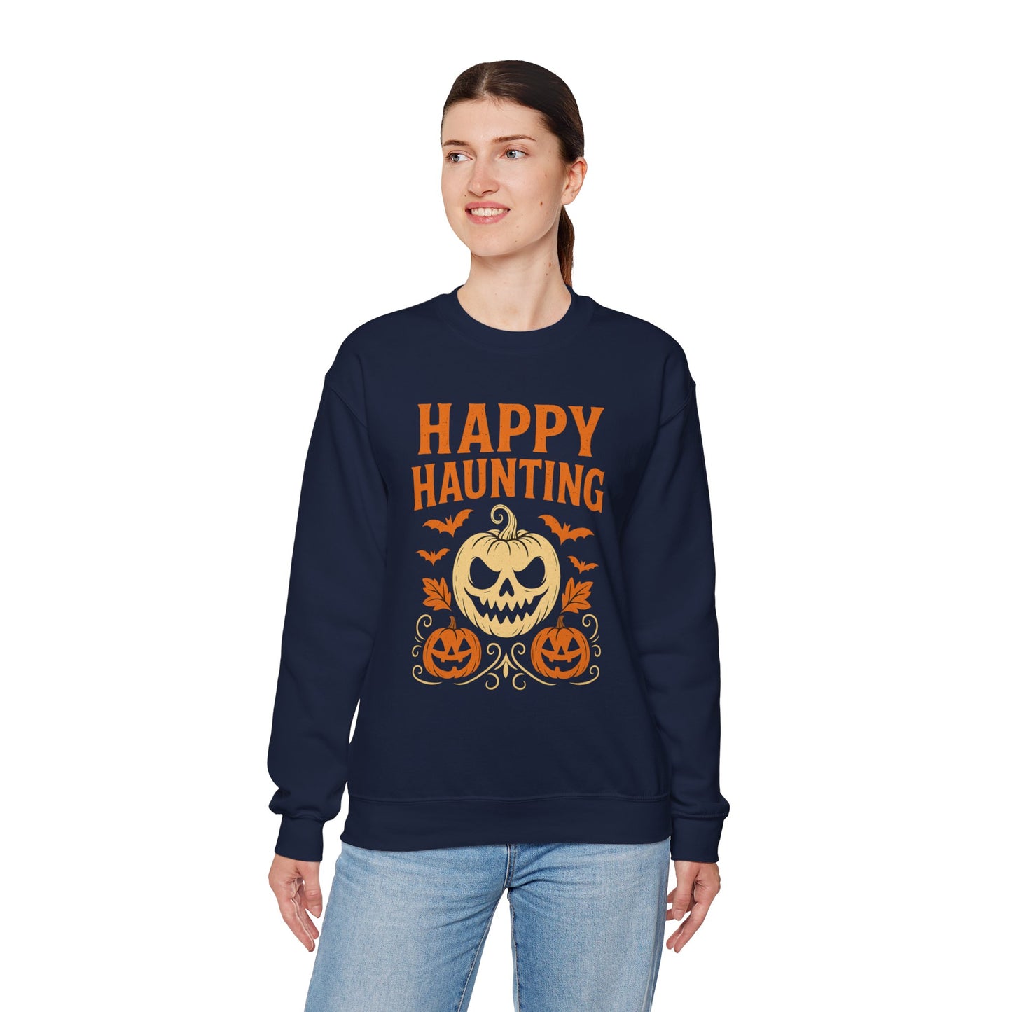 Happy Haunting Sweatshirt | Unisex Halloween Crewneck | Cozy Fall Apparel | Pumpkin Design Sweatshirt | Spooky Season Layer