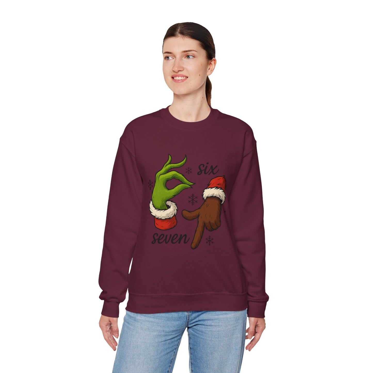 Six Seven Christmas Sweatshirt – Funny Grinch Hand Holiday Crewneck