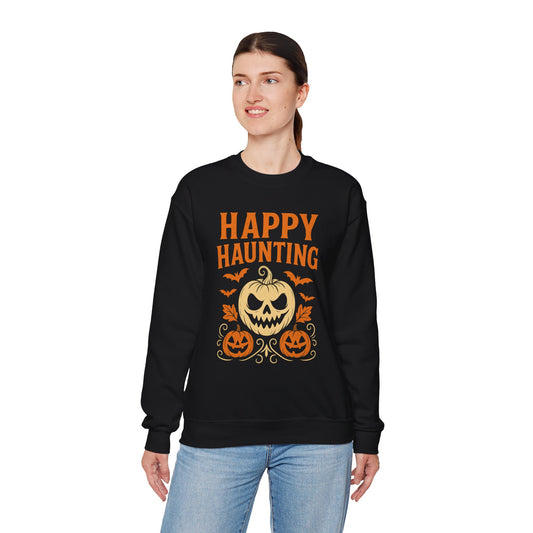 Happy Haunting Sweatshirt | Unisex Halloween Crewneck | Cozy Fall Apparel | Pumpkin Design Sweatshirt | Spooky Season Layer