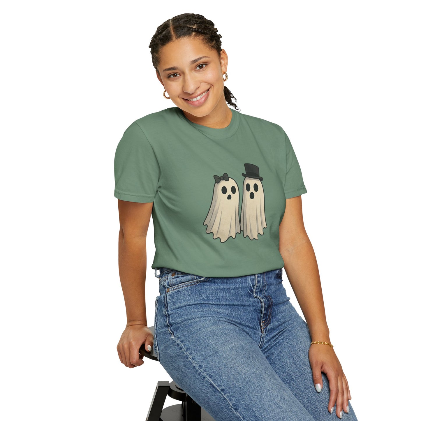 Spooky Ghost Couple Halloween T-Shirt – Cute His & Hers Matching Ghosts Tee with Bow & Top Hat