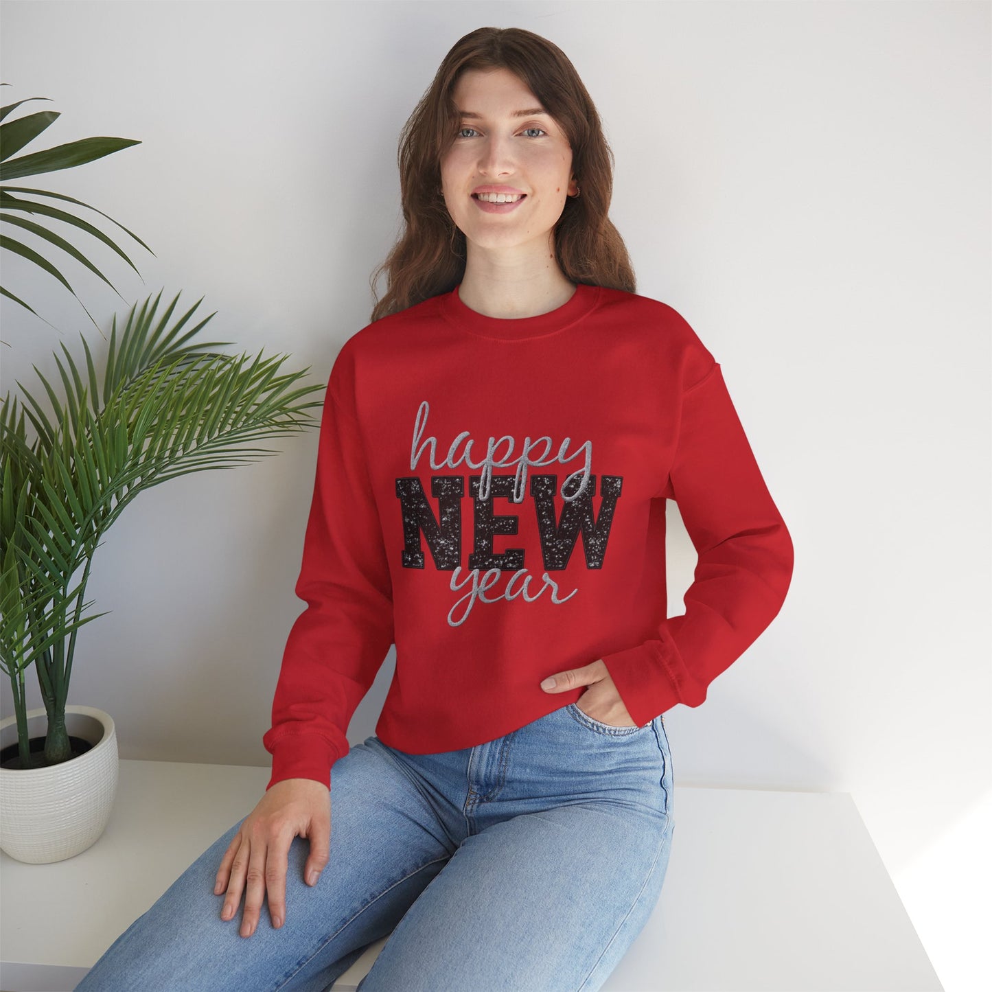 Happy New Year Crewneck Sweatshirt | Festive Glitter Graphic Pullover