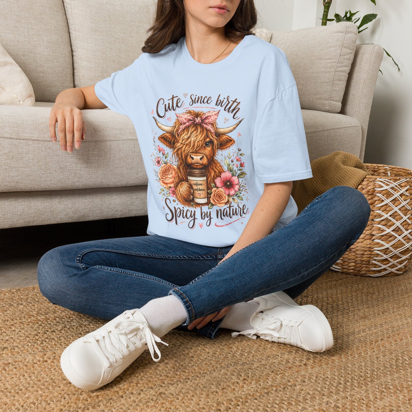 Cute Since Birth Cow T-Shirt | Floral Highland Cow Tee (Spicy by Nature)