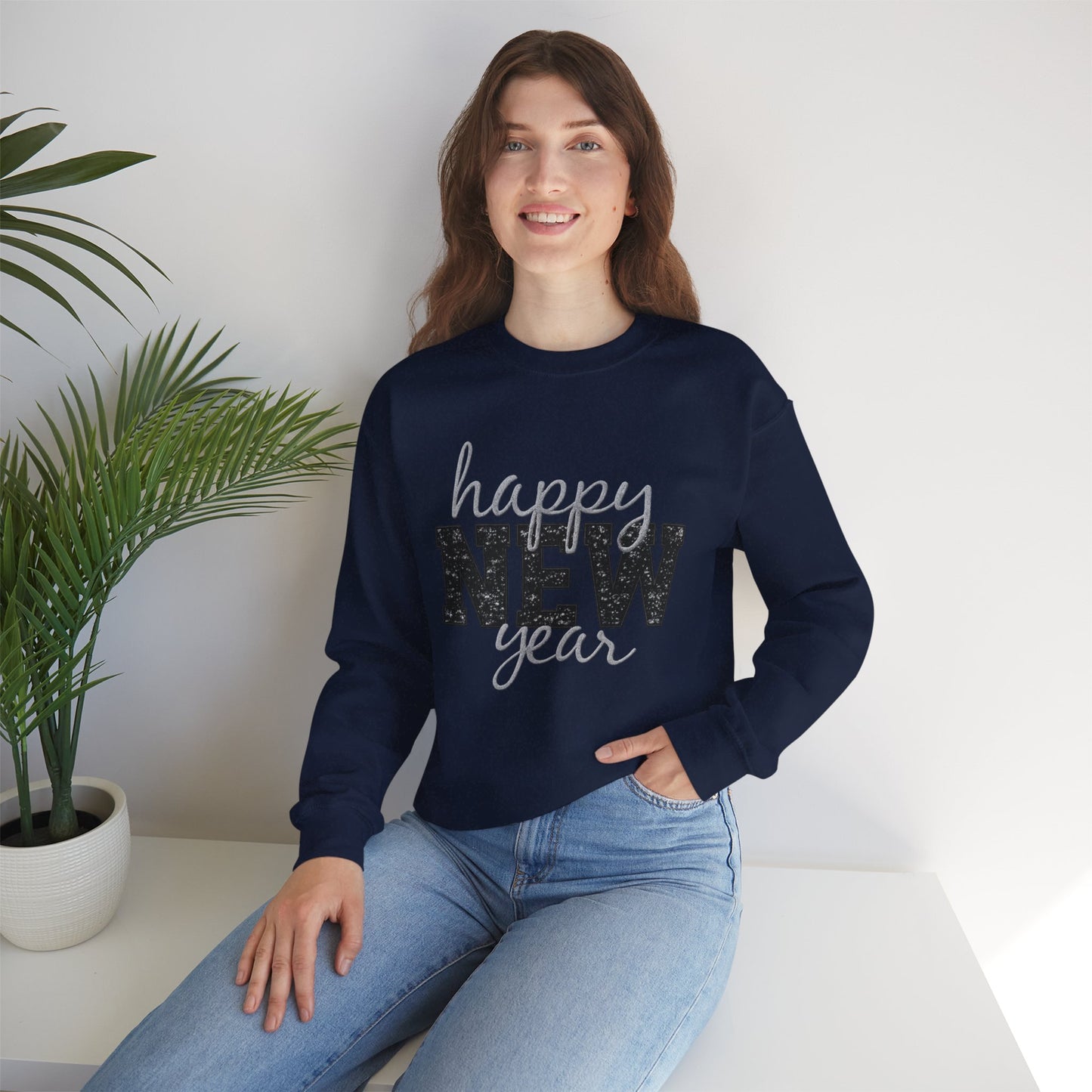 Happy New Year Crewneck Sweatshirt | Festive Glitter Graphic Pullover