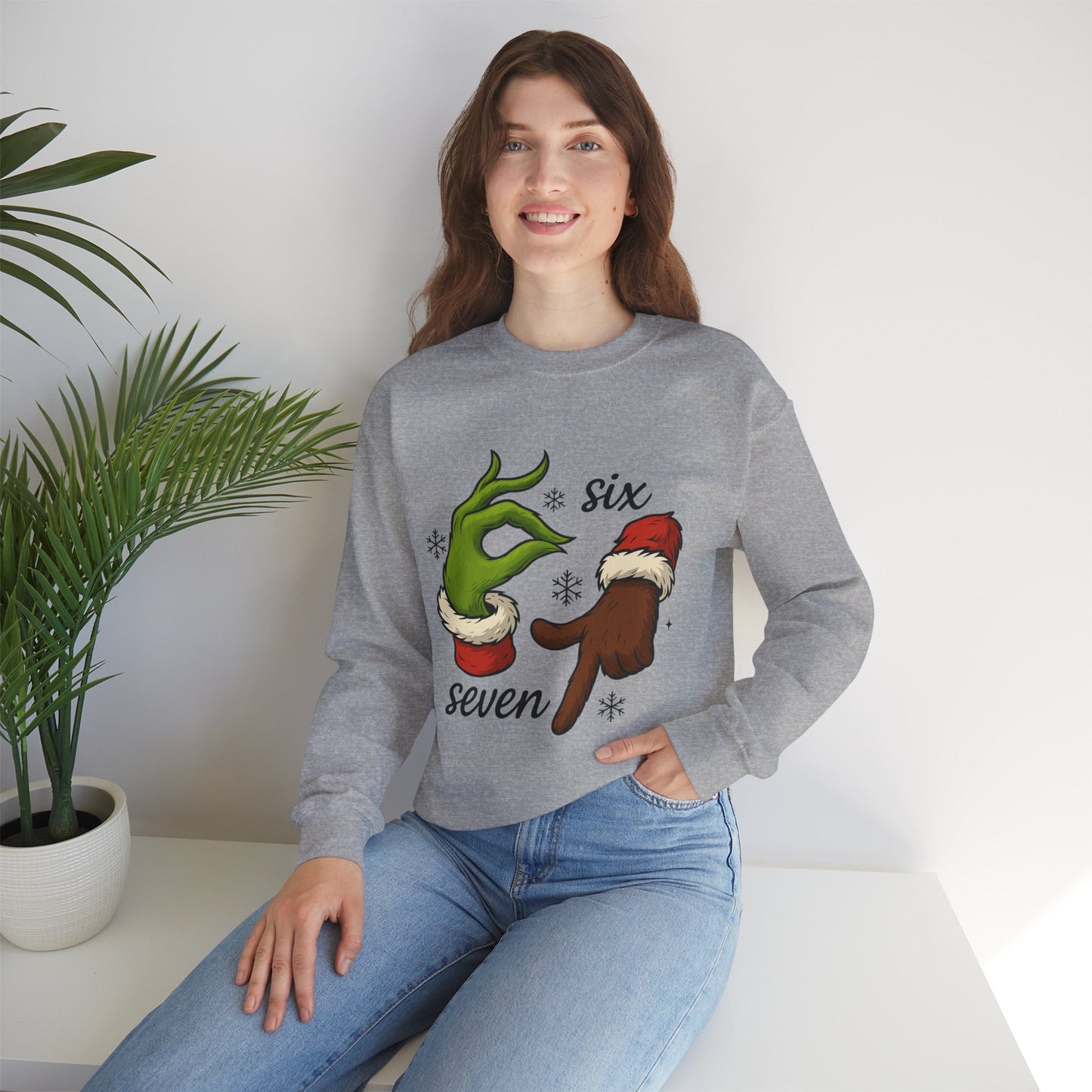 Six Seven Christmas Sweatshirt – Funny Grinch Hand Holiday Crewneck