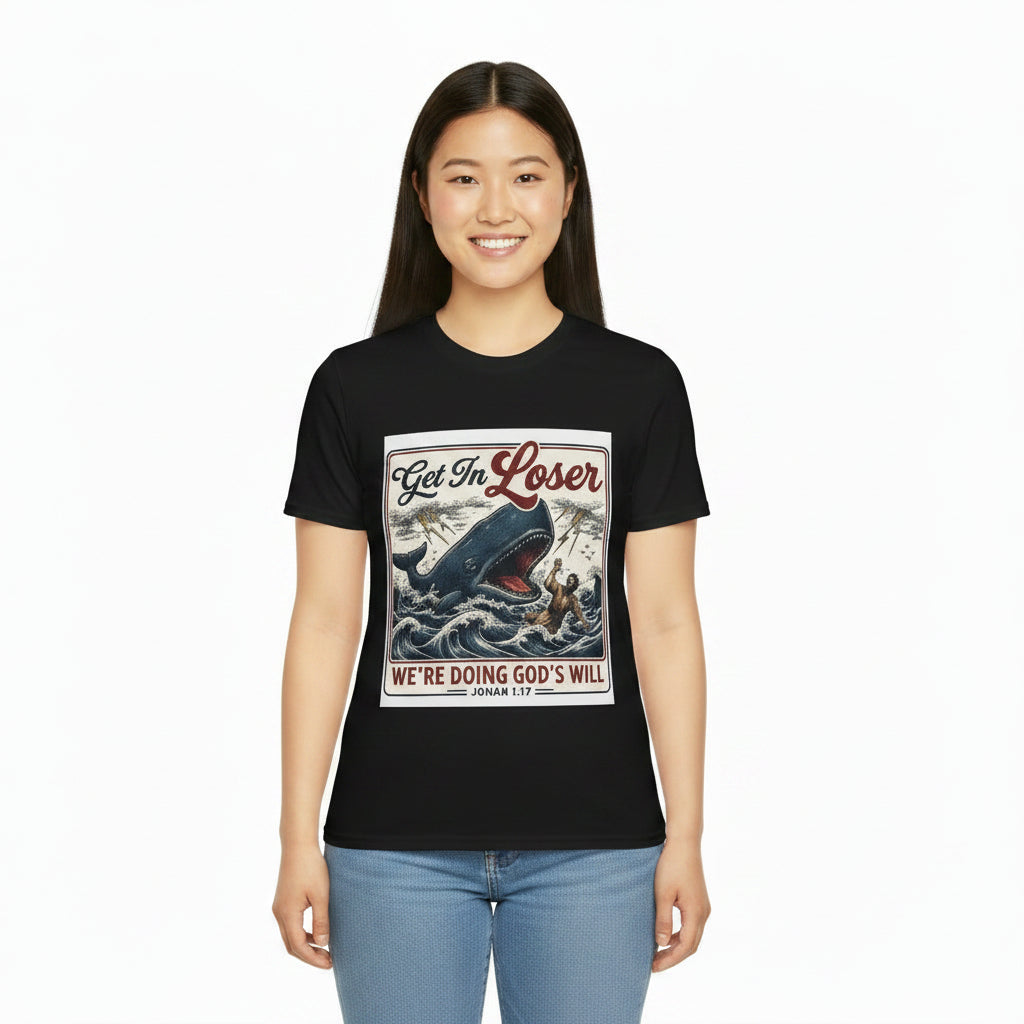 T-Shirt — "Get In Loser" Jonah 1:17 Whale Vintage Christian Graphic Tee