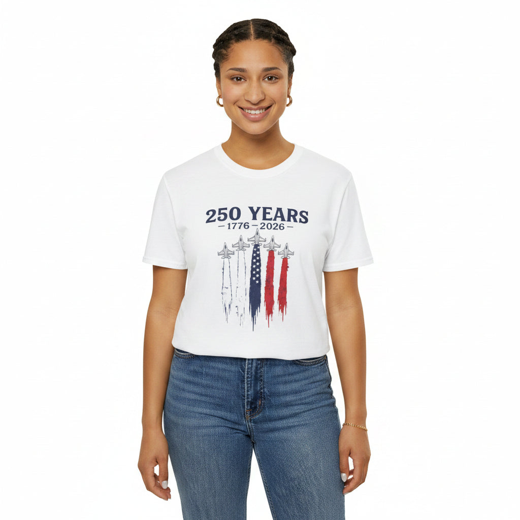 250 Years 1776–2026 Patriotic T-Shirt — USA Flag Jet Trails Independence Anniversary
