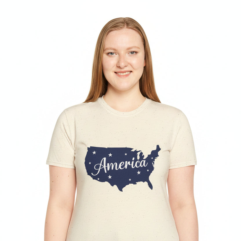 America Map T-Shirt | Navy USA Script Patriotic Tee for 4th of July