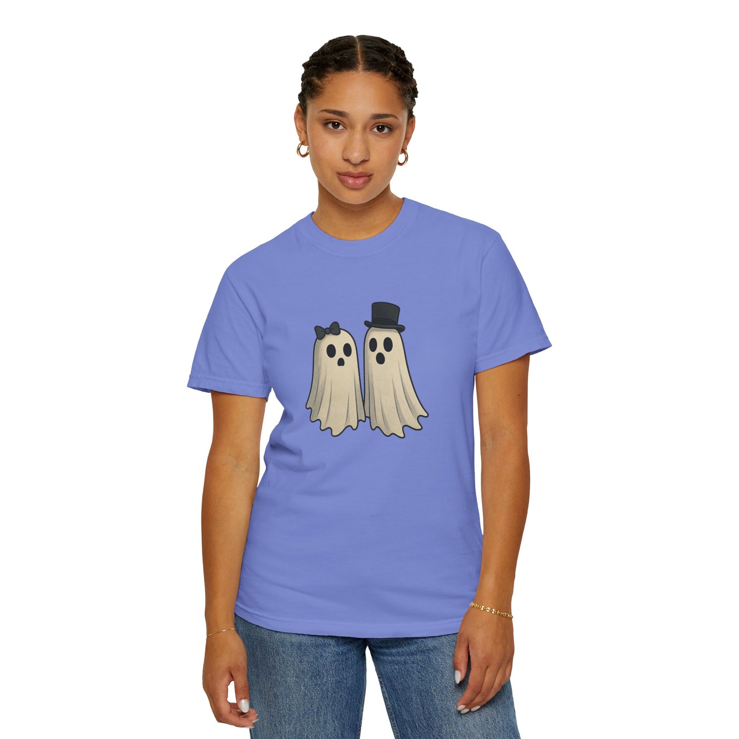 Spooky Ghost Couple Halloween T-Shirt – Cute His & Hers Matching Ghosts Tee with Bow & Top Hat