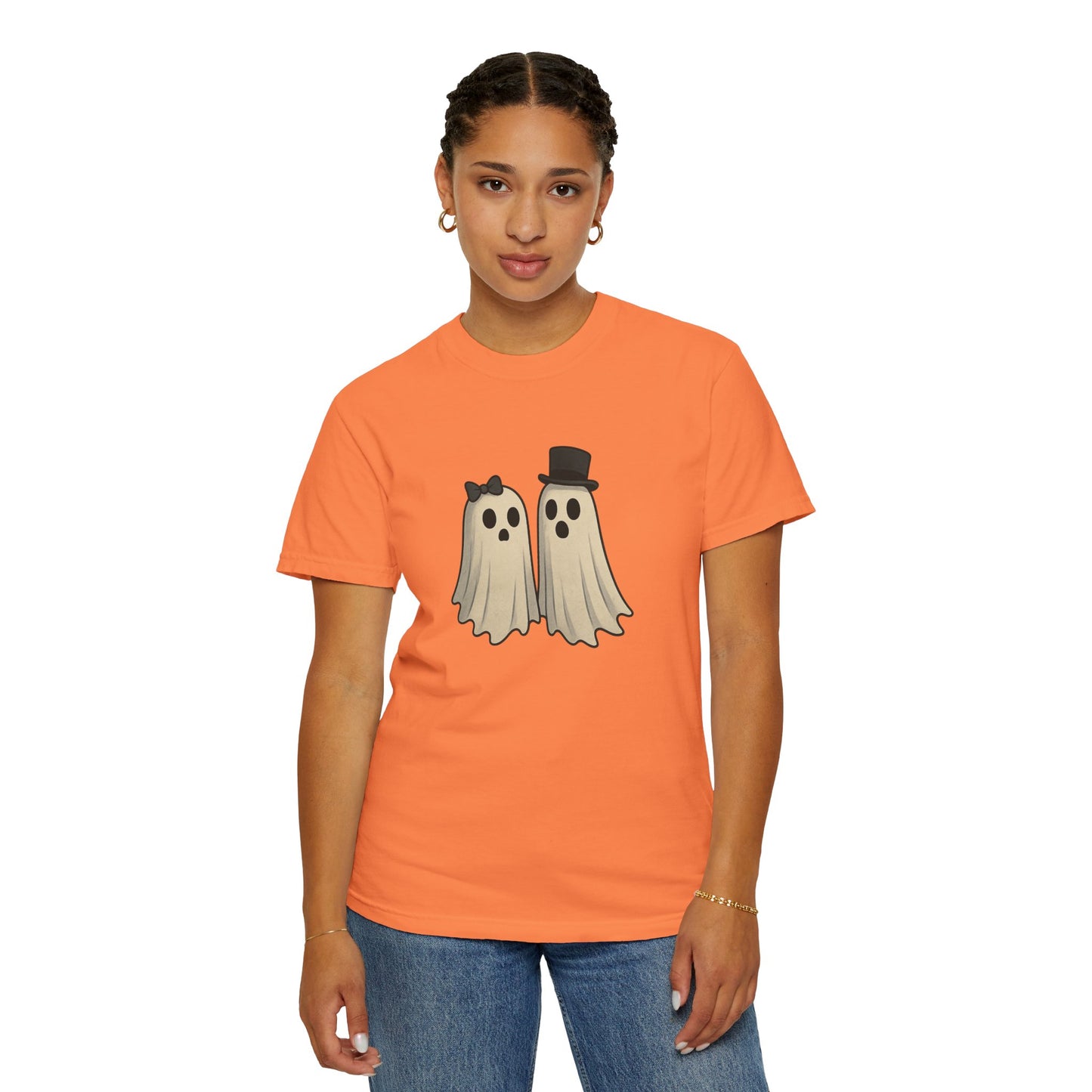 Spooky Ghost Couple Halloween T-Shirt – Cute His & Hers Matching Ghosts Tee with Bow & Top Hat