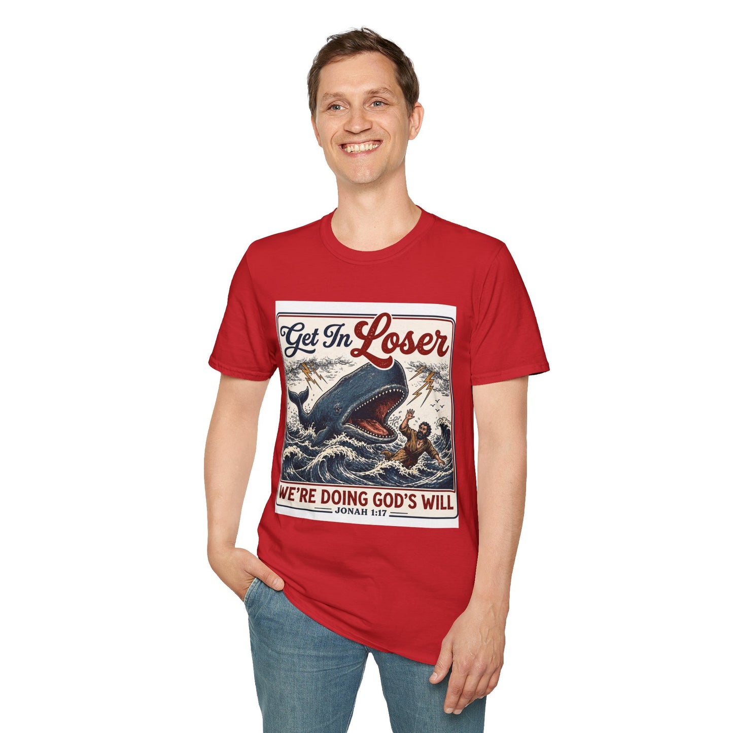 T-Shirt — "Get In Loser" Jonah 1:17 Whale Vintage Christian Graphic Tee