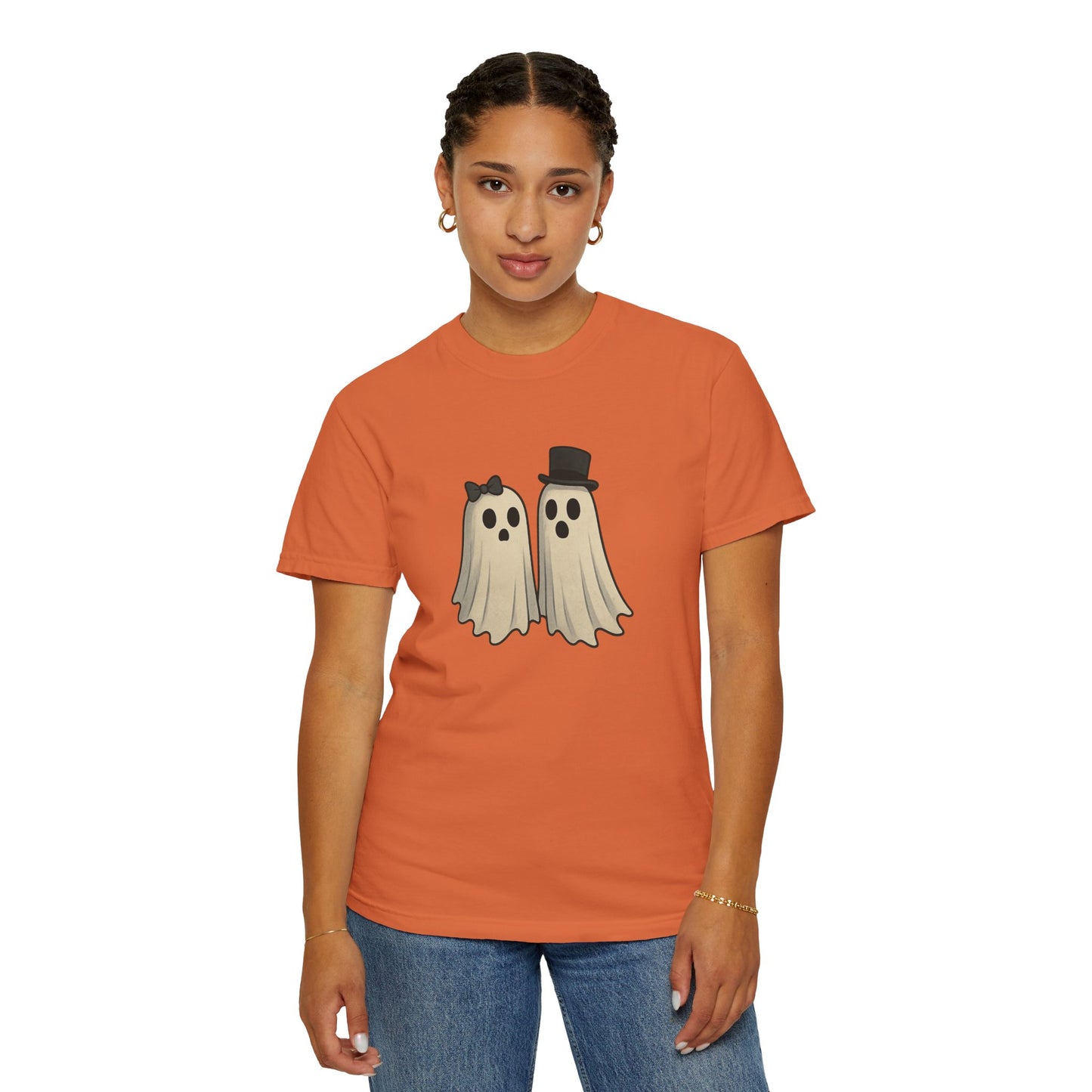 Spooky Ghost Couple Halloween T-Shirt – Cute His & Hers Matching Ghosts Tee with Bow & Top Hat