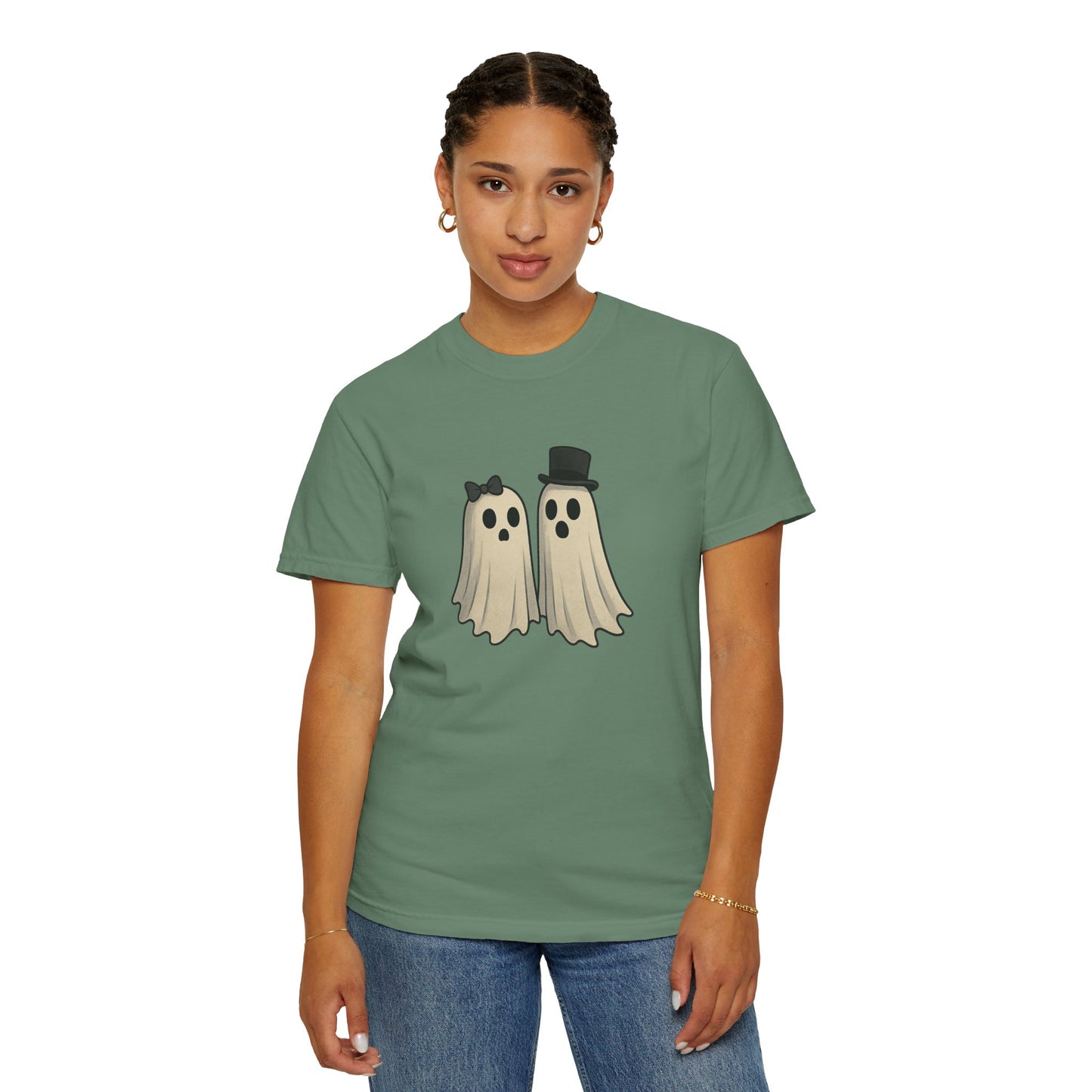 Spooky Ghost Couple Halloween T-Shirt – Cute His & Hers Matching Ghosts Tee with Bow & Top Hat
