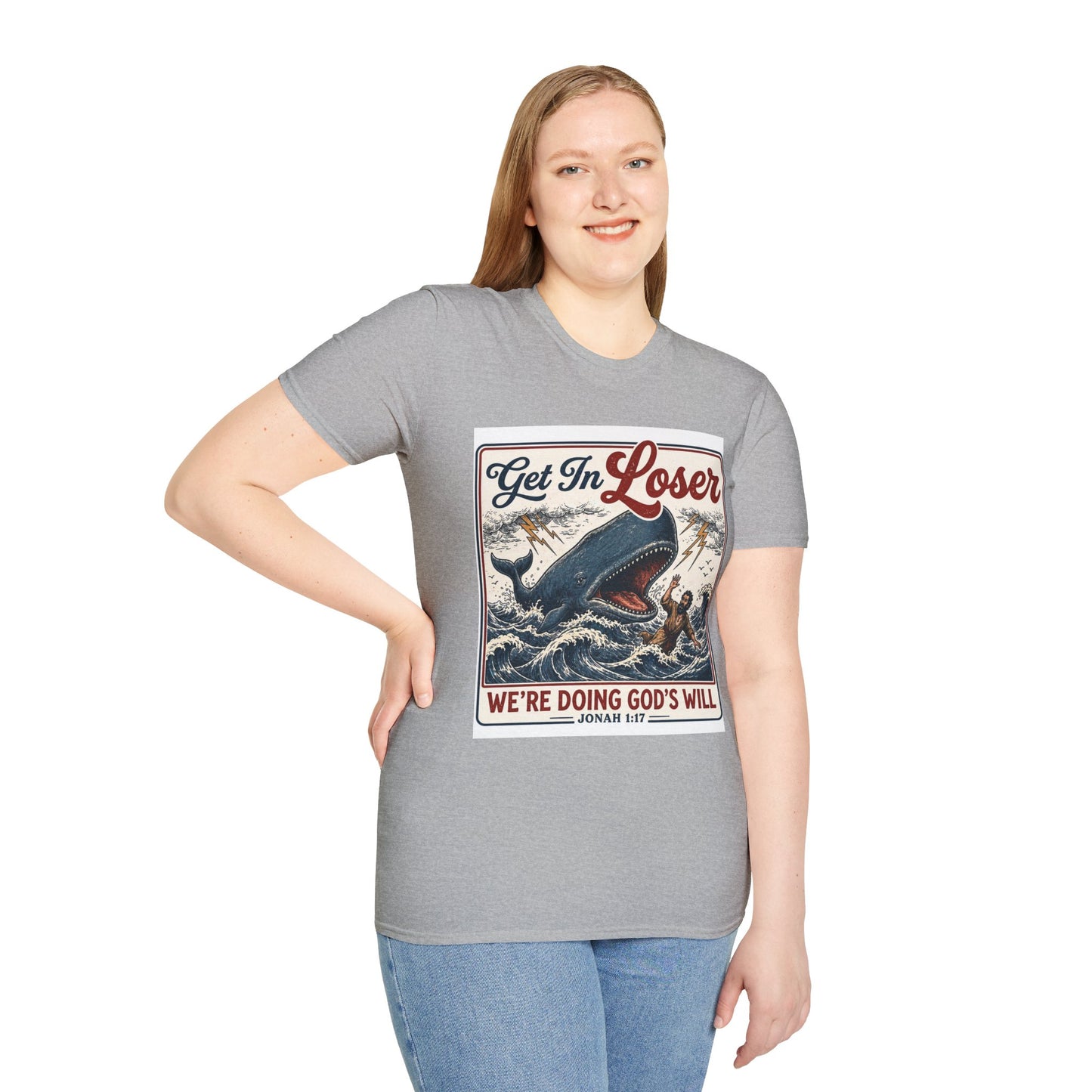 T-Shirt — "Get In Loser" Jonah 1:17 Whale Vintage Christian Graphic Tee