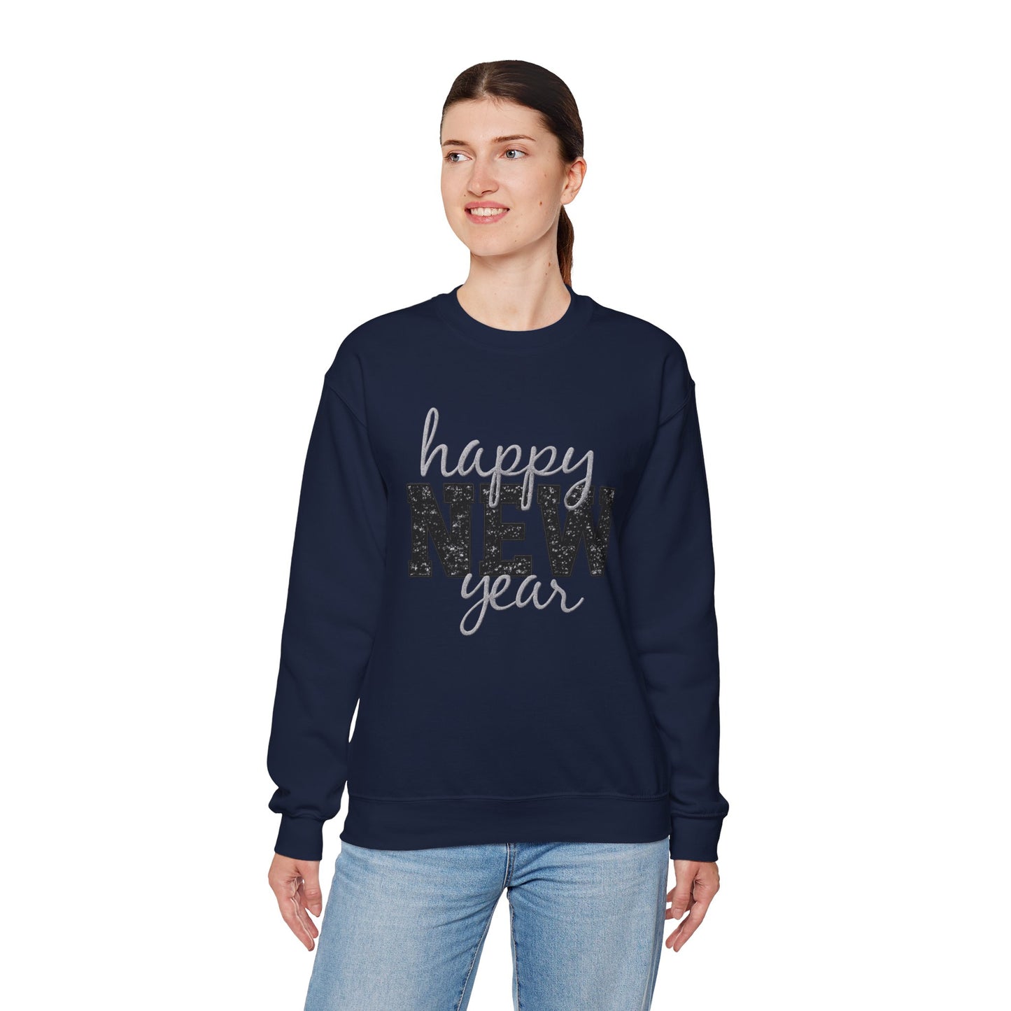 Happy New Year Crewneck Sweatshirt | Festive Glitter Graphic Pullover