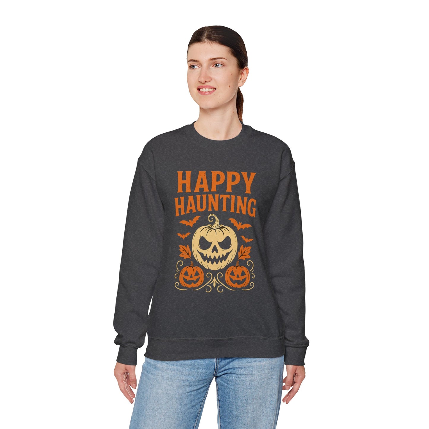 Happy Haunting Sweatshirt | Unisex Halloween Crewneck | Cozy Fall Apparel | Pumpkin Design Sweatshirt | Spooky Season Layer