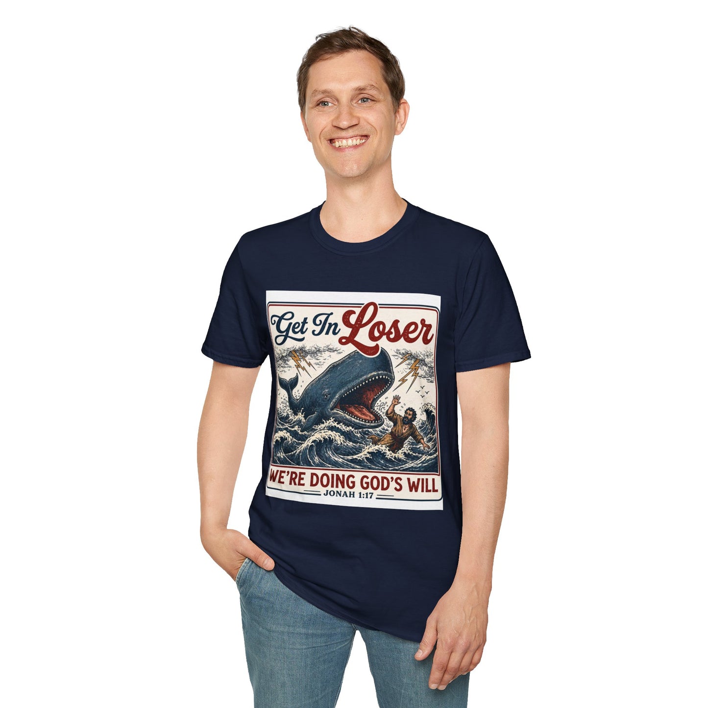 T-Shirt — "Get In Loser" Jonah 1:17 Whale Vintage Christian Graphic Tee