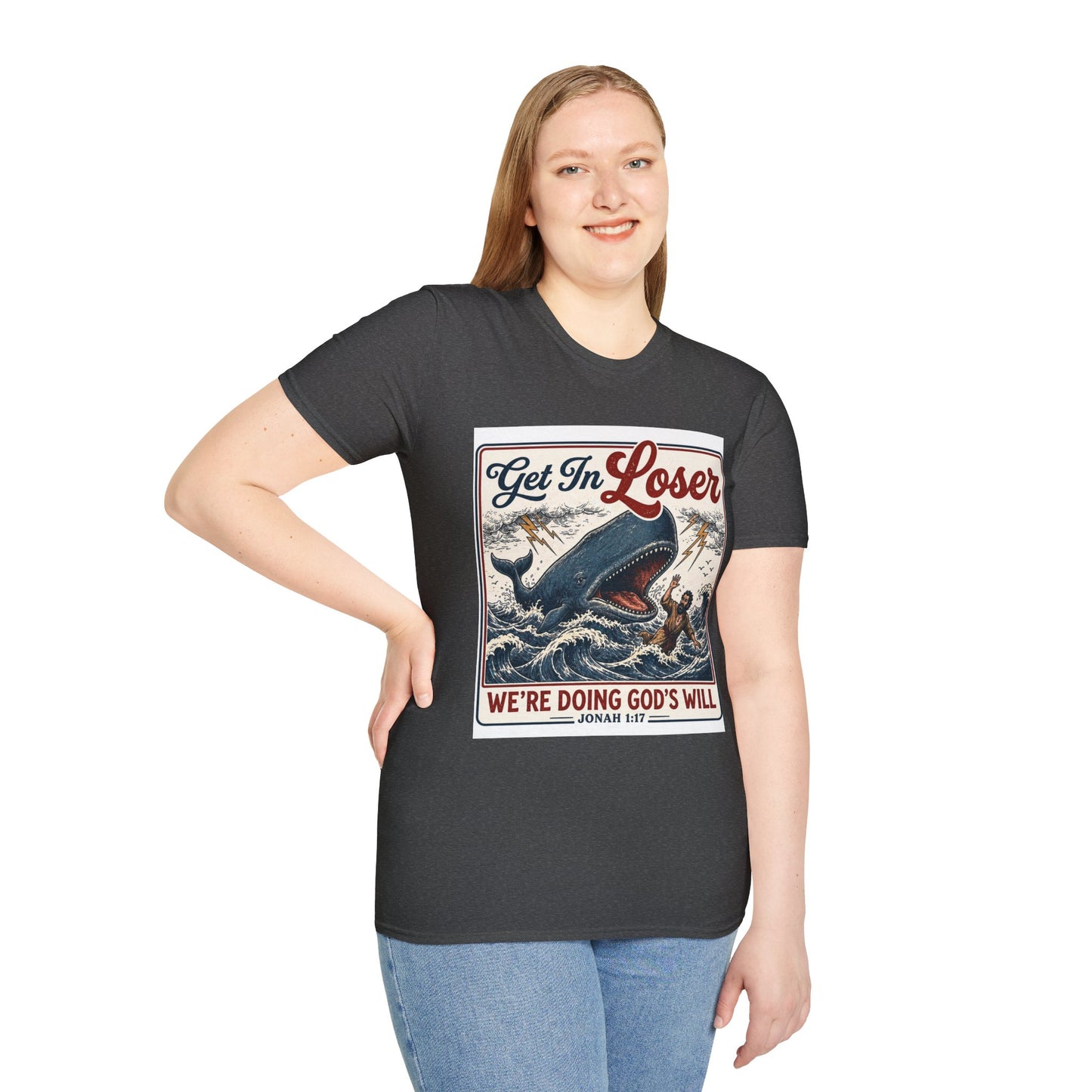 T-Shirt — "Get In Loser" Jonah 1:17 Whale Vintage Christian Graphic Tee