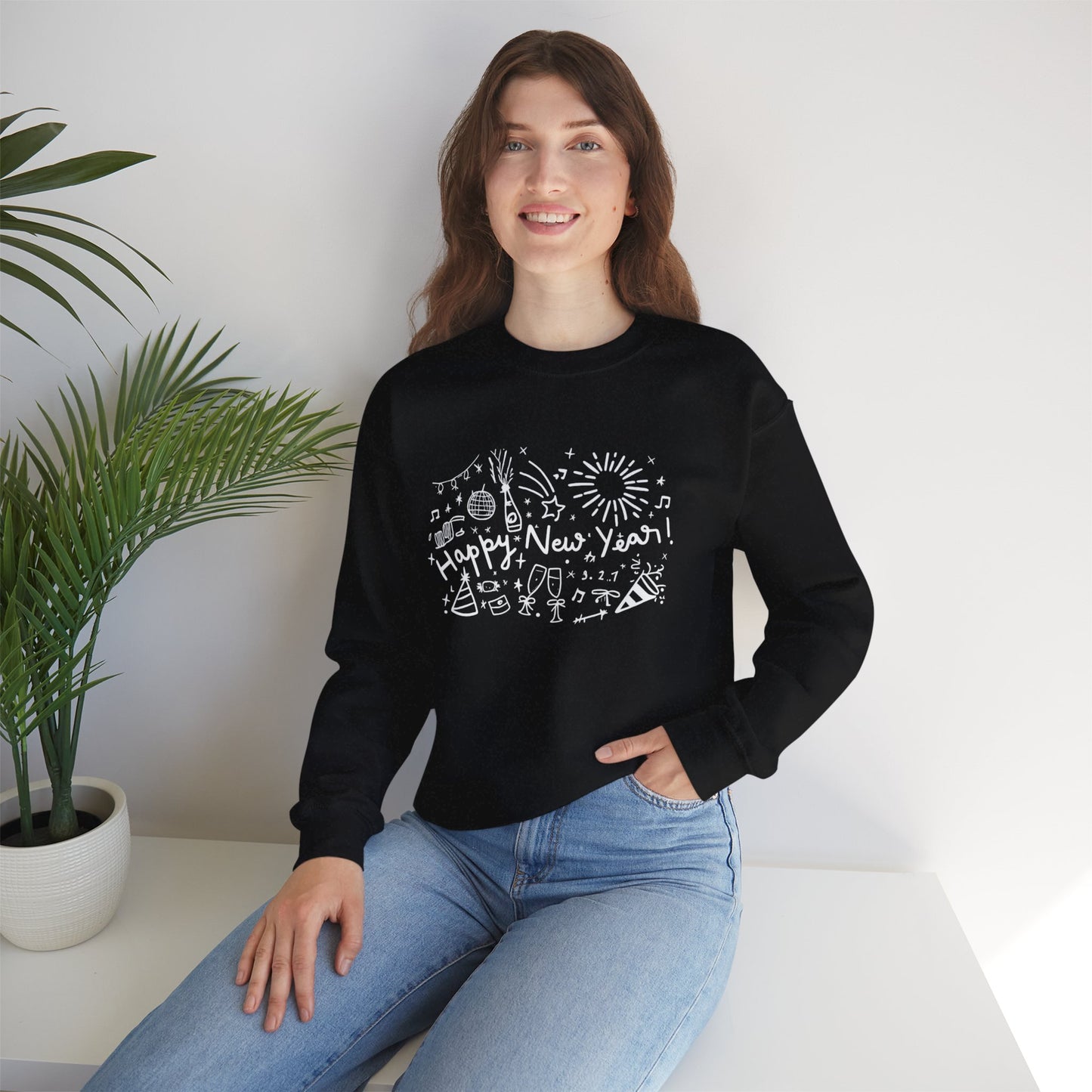 Happy New Year Sweatshirt | Festive Doodle Art | New Year Celebration Pullover