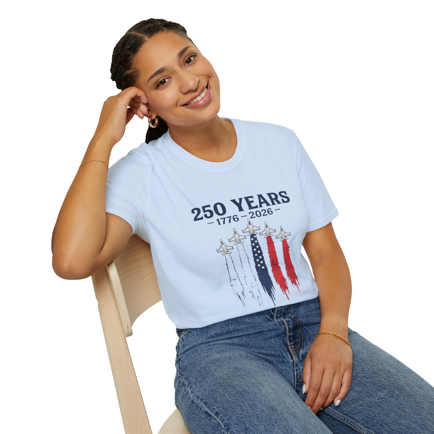 250 Years 1776–2026 Patriotic T-Shirt — USA Flag Jet Trails Independence Anniversary