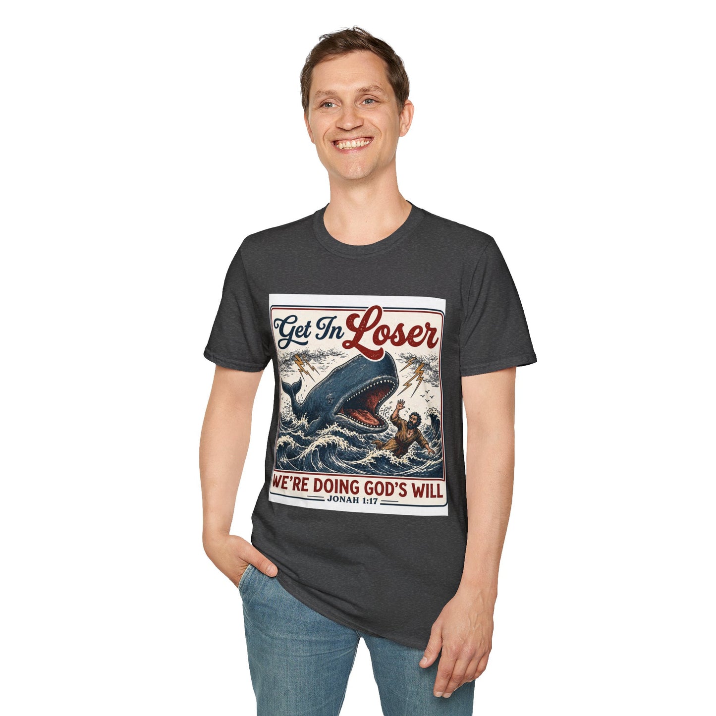 T-Shirt — "Get In Loser" Jonah 1:17 Whale Vintage Christian Graphic Tee